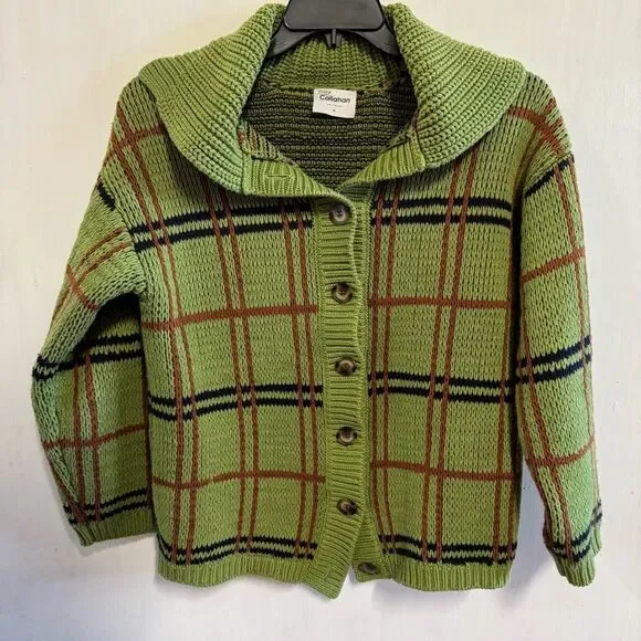 Green Plaid Button-Front Knit Cardigan - Picture 3 of 7